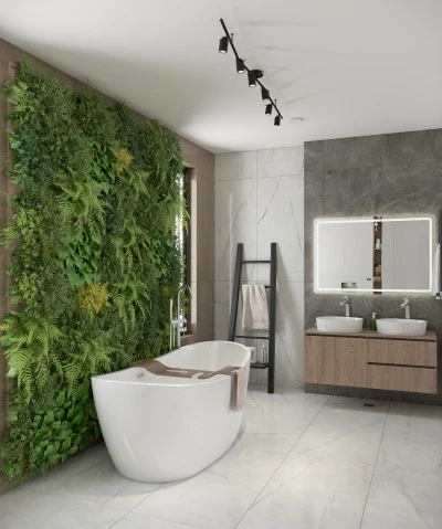 Design interior baie cu cada freestanding si perete din plante verzi