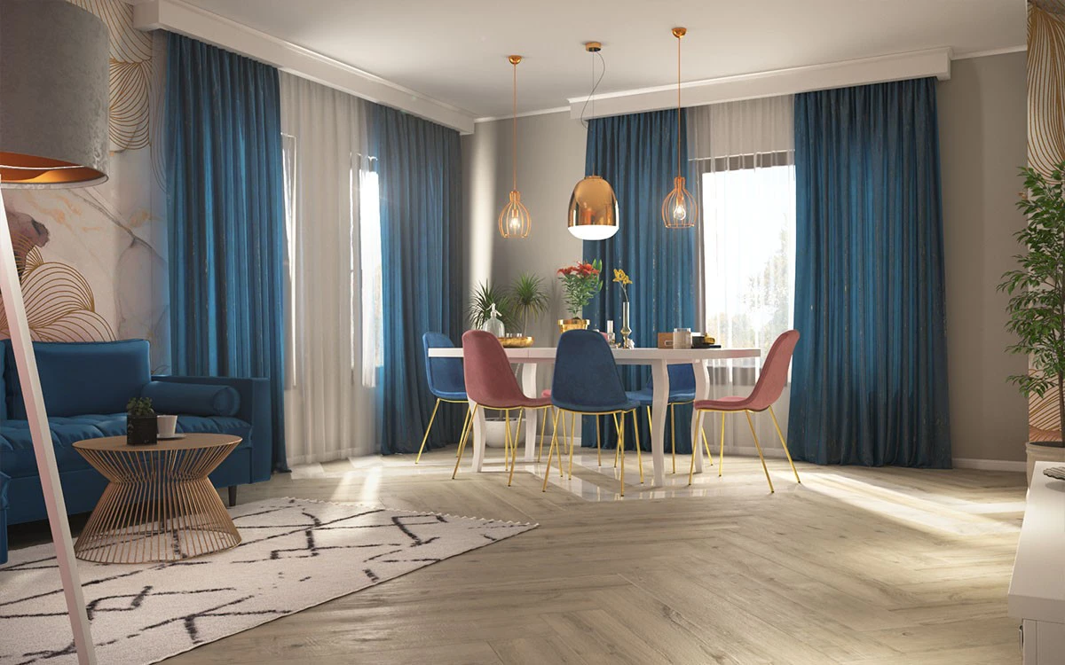 Randare 3D Design Living - Dining - Draperii Albastre